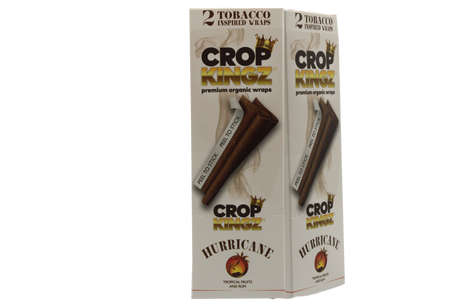 Front angled view of the Crop Kingz Tobacco Inspired Wraps 15-count display box in white and gold packaging. Made from 100% organic hemp, these tobacco-free wraps mimic the rich flavors of traditional blunts and feature an innovative self-sealing strip.
