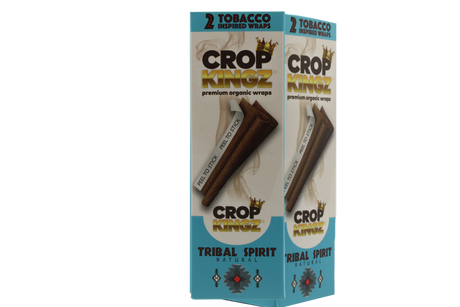 Front angled view of the Crop Kingz Tobacco Inspired Wraps 15-count display box in blue and white packaging. Made from 100% organic hemp, these tobacco-free wraps mimic the rich flavors of traditional blunts and feature an innovative self-sealing strip.