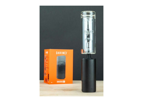 Front view of the DaVinci MIQRO dry herb vaporizer in sleek graphite black. This ultra-compact, premium portable vaporizer features a durable anodized aluminum shell and is designed for the precise, combustion-free heating of your favorite loose leaf herbs.
