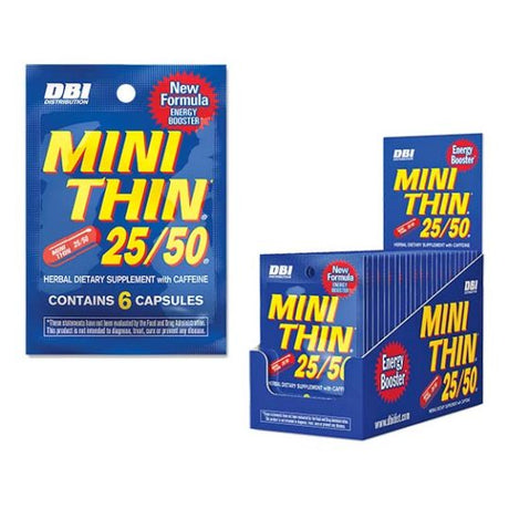 Front view of the DBI Mini Thin 25mg Ephedrizine 24-count display box in bold red and black packaging. This wholesale retail box contains powerful two-way action dietary supplements designed to provide high-speed energy and enhanced stamina.