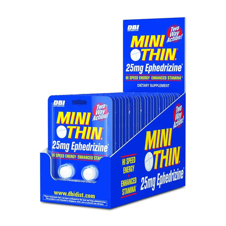 Front view of the DBI Mini Thin 25mg Ephedrizine 24-count display box in bold red and black packaging. This wholesale retail box contains powerful two-way action dietary supplements designed to provide high-speed energy and enhanced stamina.