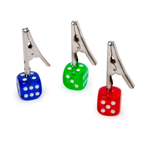 Front angled view of the Dice Roach Clip 10 Piece Pack in assorted vibrant colors. Featuring a sturdy metal alligator clip topped with a classic casino-style die, these helpful smoking accessories securely hold joints to prevent burned fingers.