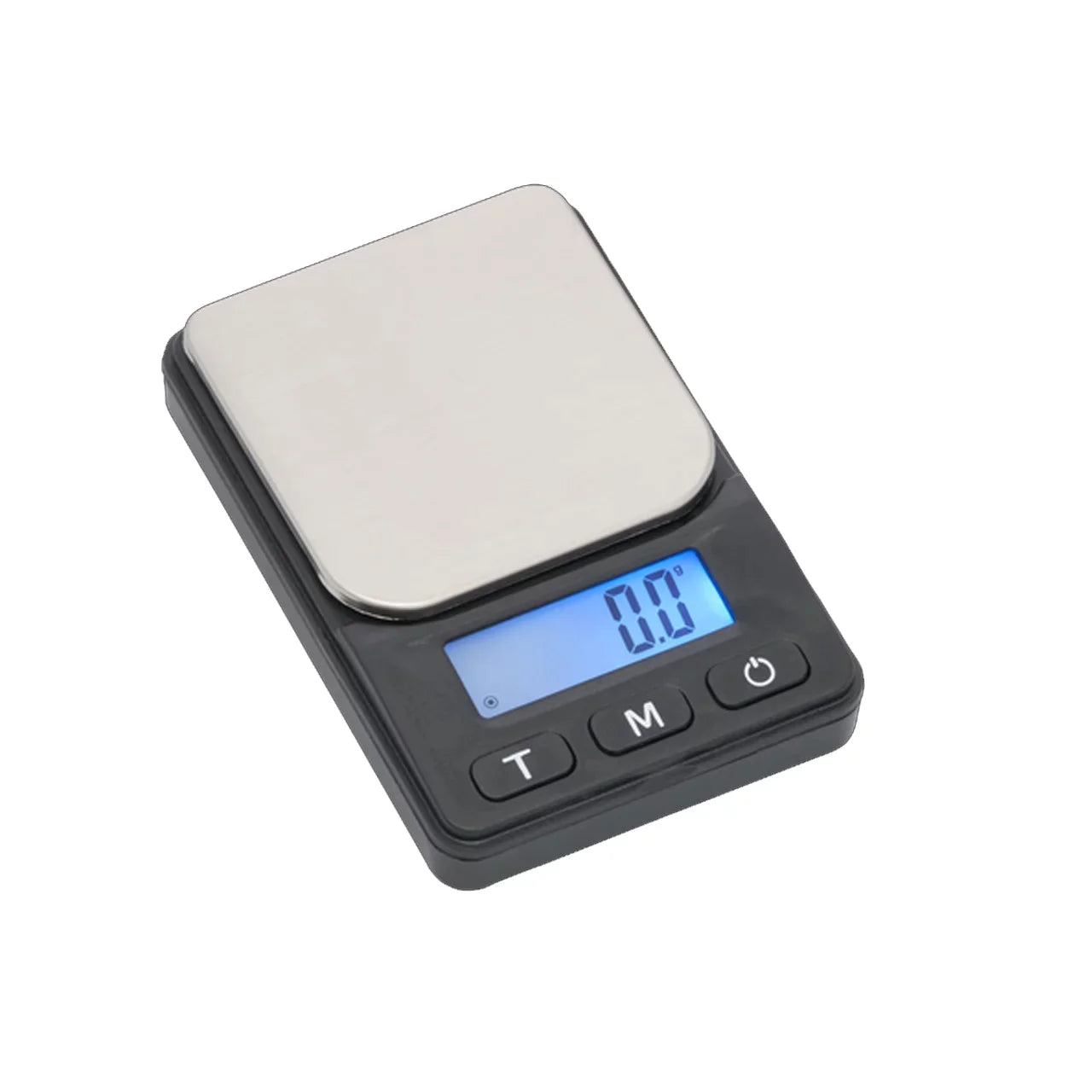 Angled overhead view of the DigiTz DZ1-650 measurement scale in black and silver. This compact 650g pocket scale features a precision stainless steel weighing platform for accurately measuring herbs, jewelry, and small items on the go.