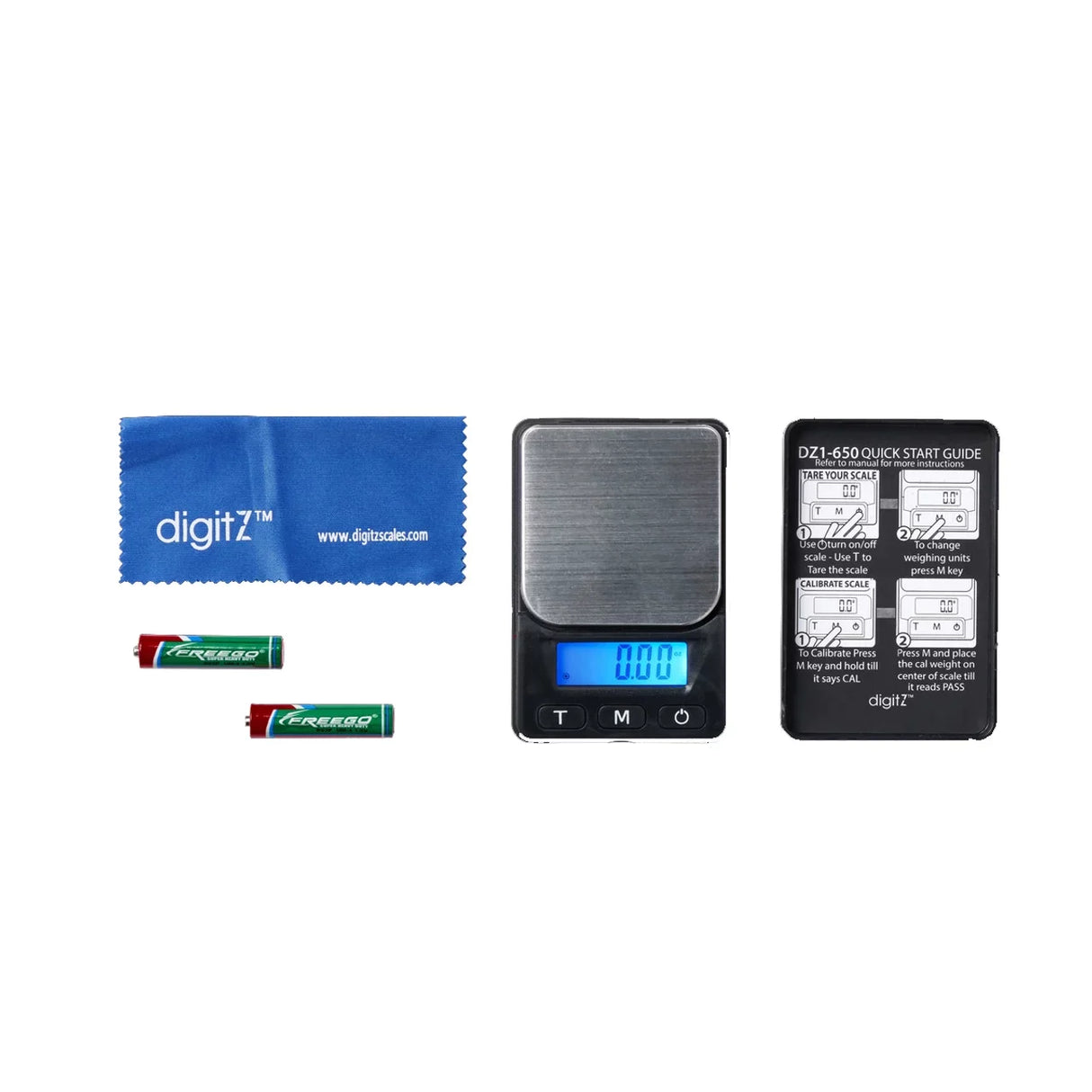 Straight front view of the DigiTz DZ1-650 measurement scale boxed components. This highly portable and reliable digital pocket scale delivers consistent precision for both personal and professional use.