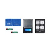 Straight front view of the DigiTz DZ1-650 measurement scale boxed components. This highly portable and reliable digital pocket scale delivers consistent precision for both personal and professional use.