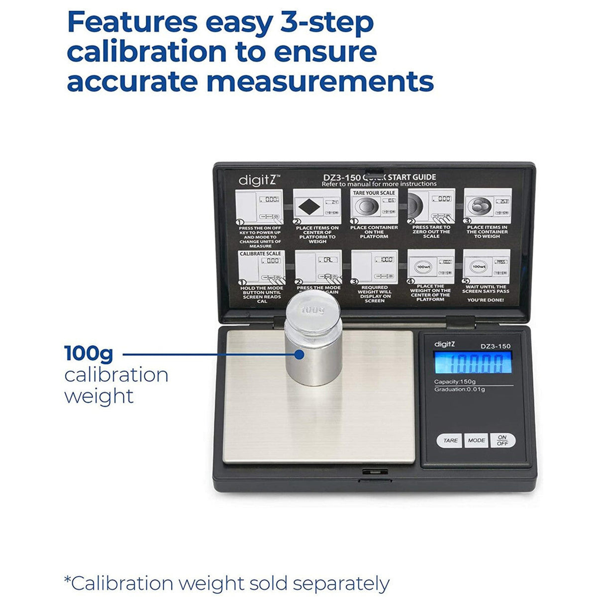 Close-up front view of the DigiTz DZ3-150 measurement scale control panel in black. The bright backlit digital LCD screen allows for easy reading in low-light environments, accompanied by an intuitive tare button to easily zero out containers.