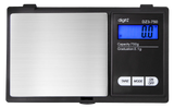 Angled overhead view of the DigiTz DZ3-750 measurement scale in black and silver. This compact 750g pocket scale features a stainless steel platform for accurately measuring larger quantities of herbs, concentrates, and small items on the go.