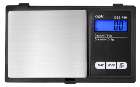 Angled overhead view of the DigiTz DZ3-750 measurement scale in black and silver. This compact 750g pocket scale features a stainless steel platform for accurately measuring larger quantities of herbs, concentrates, and small items on the go.