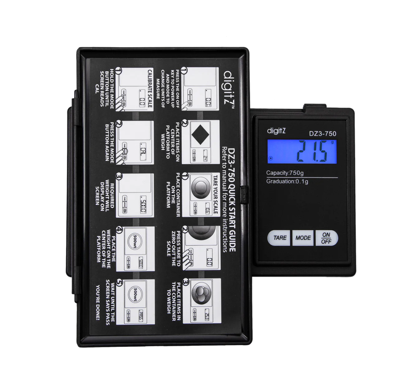 Front angled view of the DigiTz DZ3-750 measurement scale in black with its protective hard cover open. The sturdy lid safeguards the delicate weighing sensor during travel and can function as a makeshift tray for loose materials.