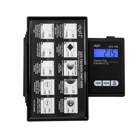 Front angled view of the DigiTz DZ3-750 measurement scale in black with its protective hard cover open. The sturdy lid safeguards the delicate weighing sensor during travel and can function as a makeshift tray for loose materials.