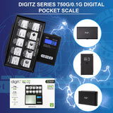 Straight front view of the DigiTz DZ3-750 measurement scale retail packaging in full color. This highly portable and reliable digital pocket scale delivers consistent precision and a higher weight capacity for personal and professional use.