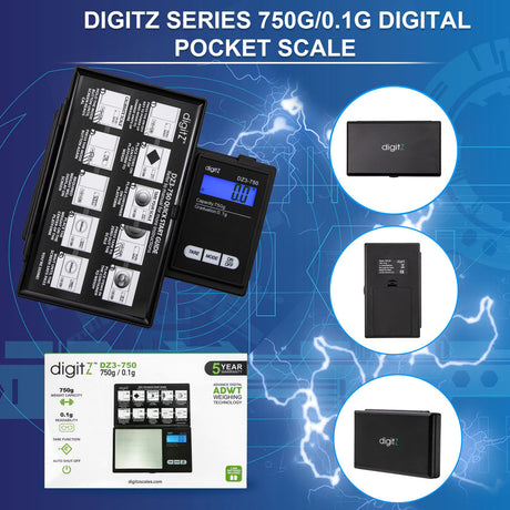 Straight front view of the DigiTz DZ3-750 measurement scale retail packaging in full color. This highly portable and reliable digital pocket scale delivers consistent precision and a higher weight capacity for personal and professional use.