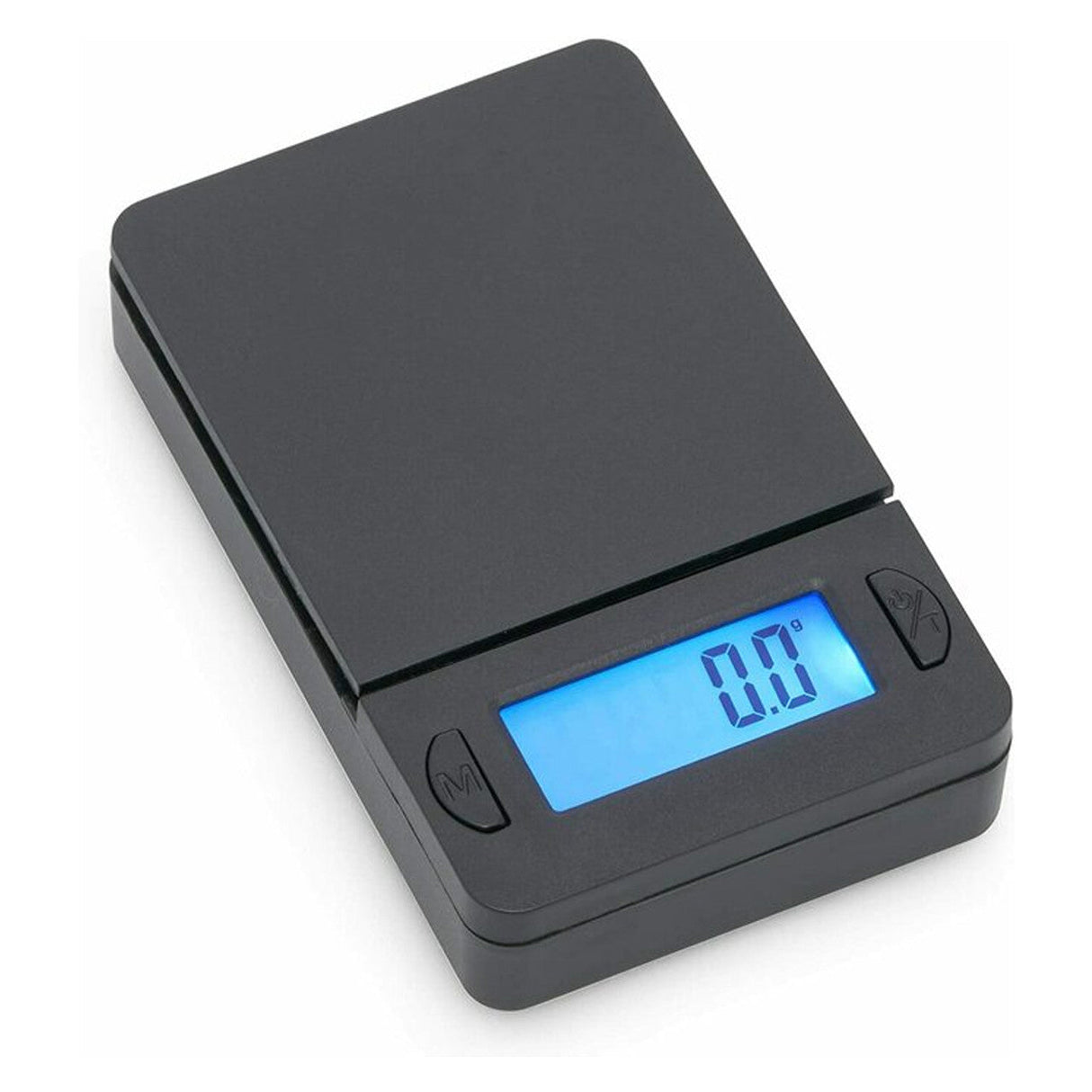 Angled overhead view of the DigiTz DZ-Mini measurement scale in black and silver. This compact 650g pocket scale features a stainless steel platform for highly accurate weighing of herbs, concentrates, and small jewelry on the go.