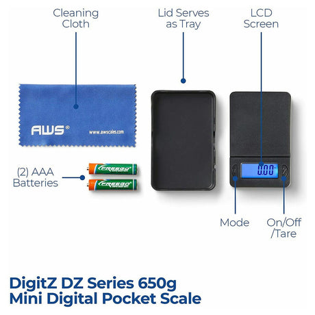 Straight front view of the DigiTz DZ-Mini measurement scale. This highly portable and reliable weighing device is designed for everyday precision and long-lasting durability.