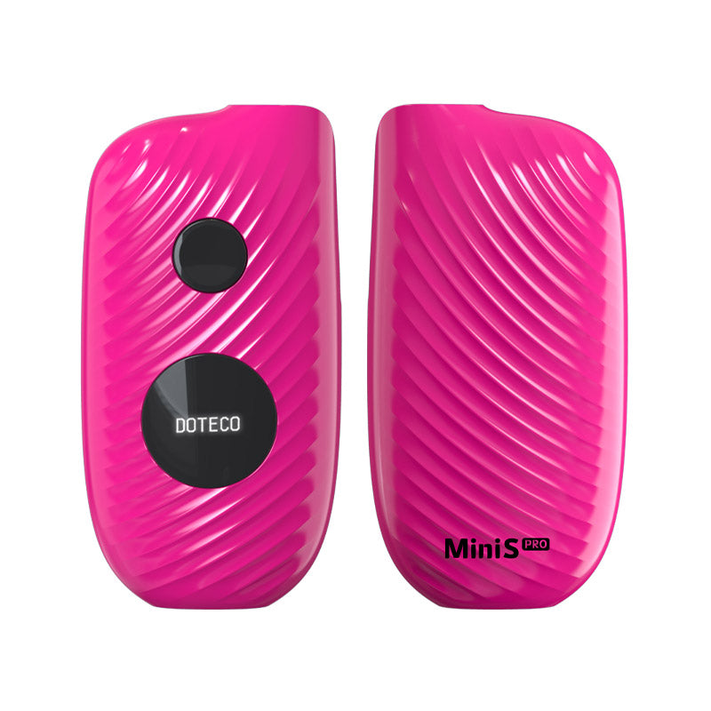 Front view of the Doteco Mini S Pro 650mAh battery in vibrant deep pink. This ultra-compact, box-style 510-thread vaporizer battery features a built-in OLED display for precise control over your daily oil cartridge sessions.
