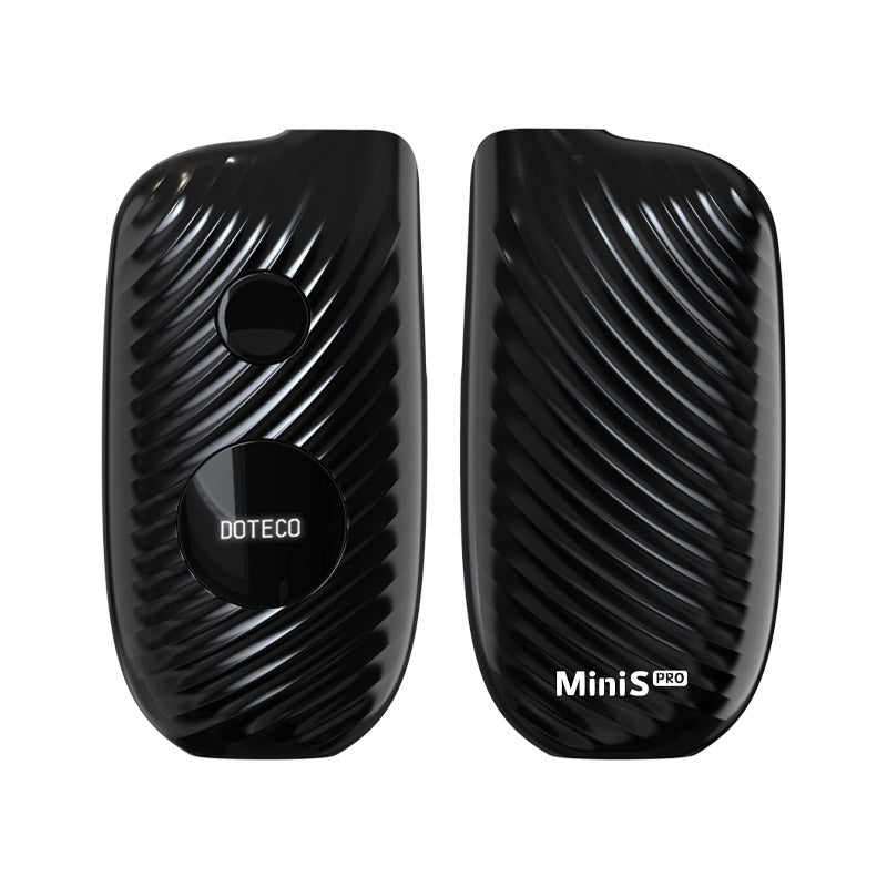 Front view of the Doteco Mini S Pro 650mAh battery in solid black. This ultra-compact, box-style 510-thread vaporizer battery features a built-in OLED display for precise control over your daily oil cartridge sessions.