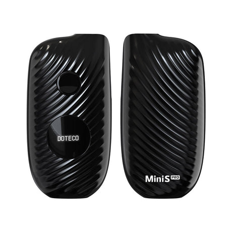 Front view of the Doteco Mini S Pro 650mAh battery in solid black. This ultra-compact, box-style 510-thread vaporizer battery features a built-in OLED display for precise control over your daily oil cartridge sessions.