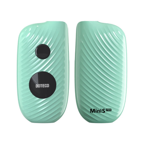 Front view of the Doteco Mini S Pro 650mAh battery in light blue. This ultra-compact, box-style 510-thread vaporizer battery features a built-in OLED display for precise control over your daily oil cartridge sessions.