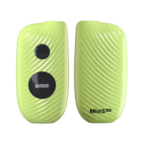 Front view of the Doteco Mini S Pro 650mAh battery in light green. This ultra-compact, box-style 510-thread vaporizer battery features a built-in OLED display for precise control over your daily oil cartridge sessions.