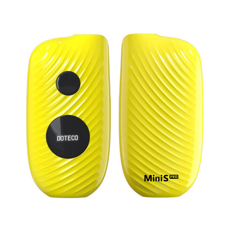 Front view of the Doteco Mini S Pro 650mAh battery in bright yellow. This ultra-compact, box-style 510-thread vaporizer battery features a built-in OLED display for precise control over your daily oil cartridge sessions.
