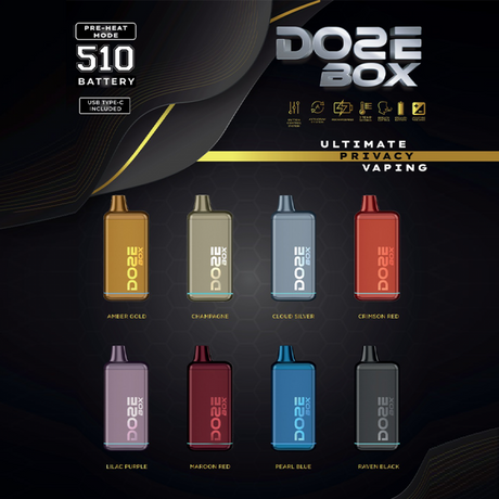 Group shot of the Doze Box 510 Cartridge Battery showcasing all available colors: maroon red, crimson red, pearl blue, amber gold, cloud silver, lilac purple, raven black, and champagne. This compact, concealable vape battery completely houses the cartridge inside the device for discreet vaping.