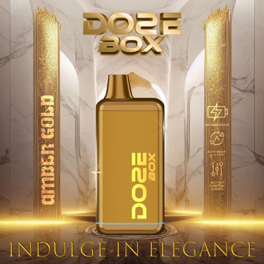 Front angled view of the Doze Box 510 Cartridge Battery in amber gold. This compact, concealable vape battery completely houses the cartridge inside the device for discreet vaping and features a digital display.