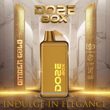 Front angled view of the Doze Box 510 Cartridge Battery in amber gold. This compact, concealable vape battery completely houses the cartridge inside the device for discreet vaping and features a digital display.