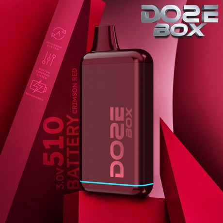 Front angled view of the Doze Box 510 Cartridge Battery in bright crimson red. This compact, concealable vape battery completely houses the cartridge inside the device for discreet vaping and features a digital display.