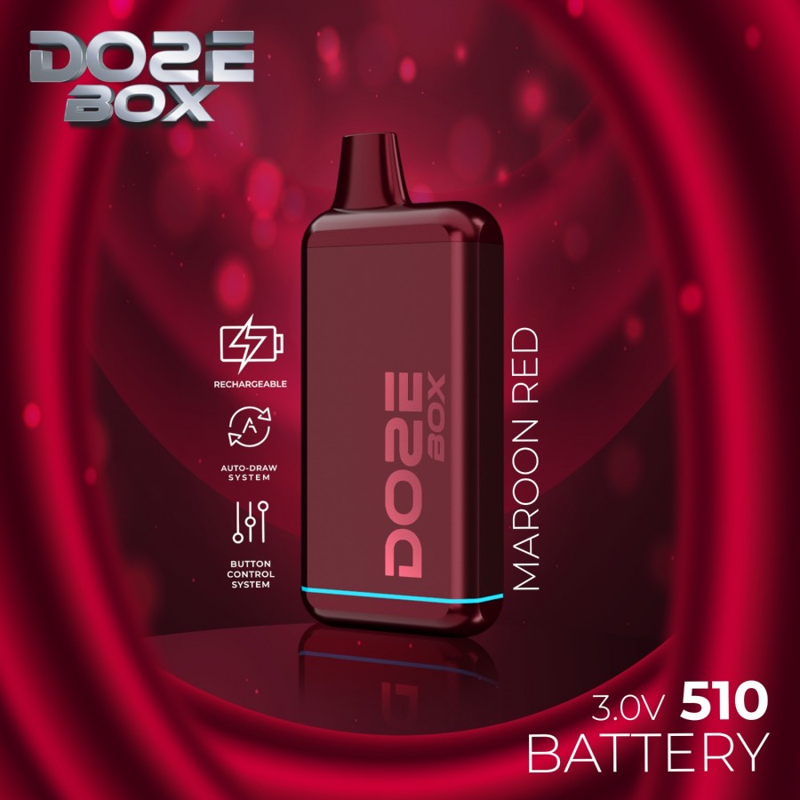 Front angled view of the Doze Box 510 Cartridge Battery in maroon red. This compact, concealable vape battery completely houses the cartridge inside the device for discreet vaping and features a digital display.