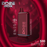Front angled view of the Doze Box 510 Cartridge Battery in maroon red. This compact, concealable vape battery completely houses the cartridge inside the device for discreet vaping and features a digital display.