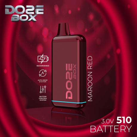 Front angled view of the Doze Box 510 Cartridge Battery in maroon red. This compact, concealable vape battery completely houses the cartridge inside the device for discreet vaping and features a digital display.