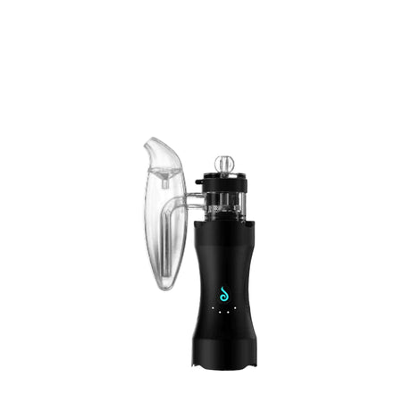 Side profile view of the Dr. Dabber Glassworks percolator attachment in clear glass, installed on a matte black vaporizer base. The glass attachment fits snugly into the device adapter to ensure exceptional, leak-proof airflow.