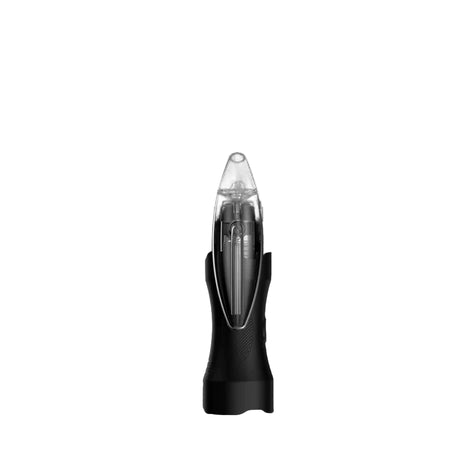 Side profile view of the Dr. Dabber Glassworks percolator attachment in clear glass, installed on a matte black vaporizer base. The glass attachment fits snugly into the device adapter to ensure exceptional, leak-proof airflow.