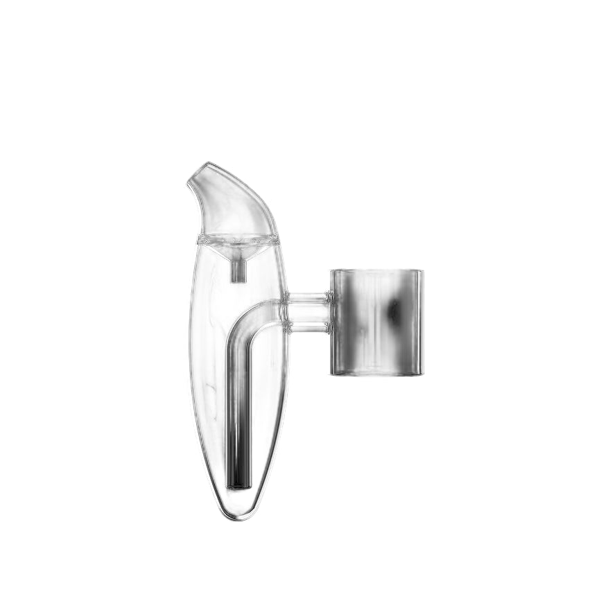 Close-up front view of the Dr. Dabber Glassworks percolator attachment in clear glass. The laser-cut inner percolator system creates a larger water reservoir to provide optimal vapor cooling and conditioning.