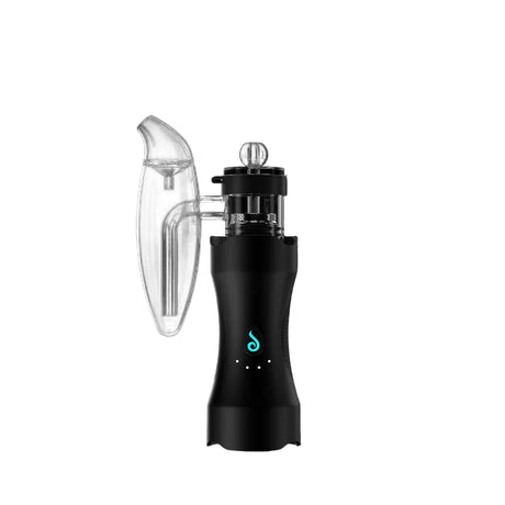 Front view of the fully assembled Dr. Dabber XS Nano E-Rig in sleek matte black with its clear glass bubbler piece attached. This ultra-compact portable electric dab rig delivers smooth, water-filtered vapor for concentrates on the go.