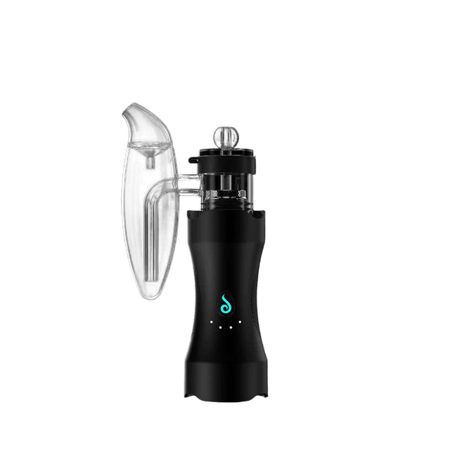 Front view of the fully assembled Dr. Dabber XS Nano E-Rig in sleek matte black with its clear glass bubbler piece attached. This ultra-compact portable electric dab rig delivers smooth, water-filtered vapor for concentrates on the go.