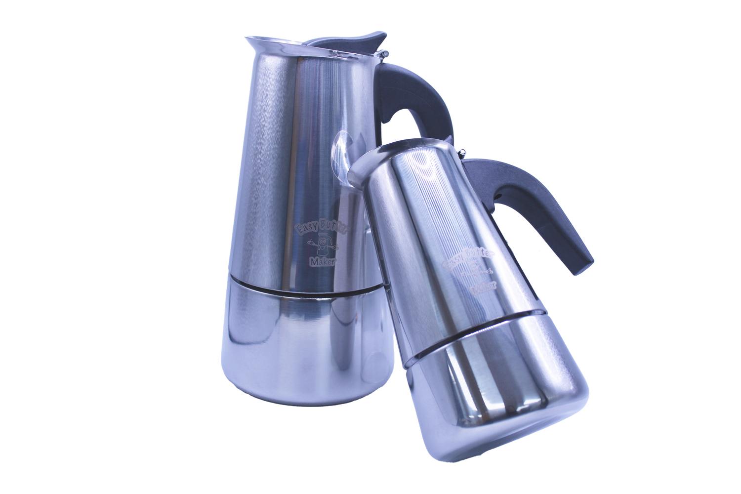 Angled front view of the Easy Butter Maker stovetop infuser kettle featuring a silver stainless steel body and a black insulated handle. Its heavy-duty metal construction easily withstands direct stovetop heat for quick, hassle-free extractions.
