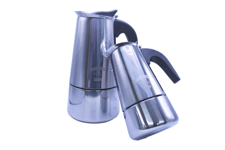 Angled front view of the Easy Butter Maker stovetop infuser kettle featuring a silver stainless steel body and a black insulated handle. Its heavy-duty metal construction easily withstands direct stovetop heat for quick, hassle-free extractions.