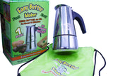 Front view of the Easy Butter Maker stovetop infuser kettle next to its retail packaging in polished stainless steel and black. This rapid herbal infuser works similarly to a standard espresso maker to create potent botanical butter in under ten minutes.
