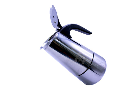 Angled front view of the Easy Butter Maker stovetop infuser kettle featuring a silver stainless steel body and a black insulated handle. Its heavy-duty metal construction easily withstands direct stovetop heat for quick, hassle-free extractions.
