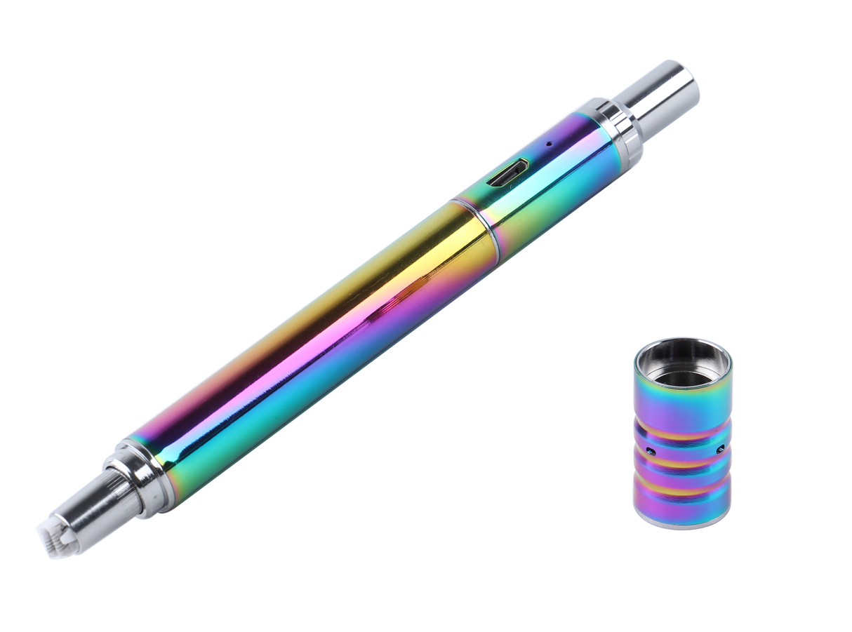 Front view of the electronic wax dab pen kit in rainbow. This highly portable, pen-style vaporizer is specifically designed for the quick and efficient consumption of your favorite wax concentrates on the go.