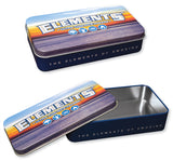 side view of elements tin box, external and view of internal. Perfect for protecting rolling goods.