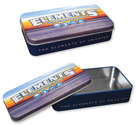 side view of elements tin box, external and view of internal. Perfect for protecting rolling goods.
