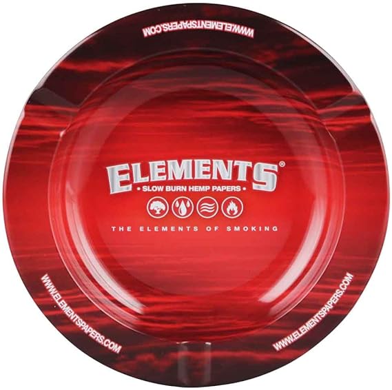 Top down view of the Elements Red Metal Ashtray in vibrant red with classic white logo branding. Measuring 5.5 inches in diameter, this durable metal tabletop accessory features three built-in indentations and a deep basin for catching ash and debris during your smoking sessions.