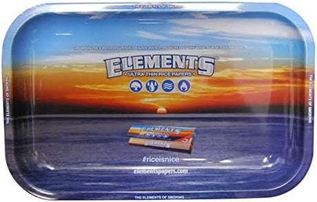 Top down view of the Elements Small Tin Rolling Tray 11x7 featuring the iconic vibrant blue sky and white cloud rice paper branding graphic. This smooth metal surface serves as a compact workspace with raised walls to keep your papers, rollers, and loose herbs organized.