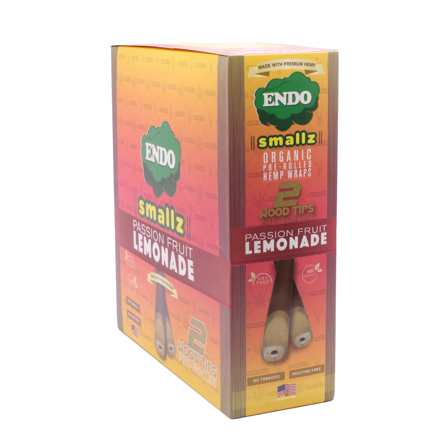 Front view of the Endo Smallz 15-count display box in Passionfruit Lemonade featuring yellow and purple packaging. This retail-ready countertop box contains fifteen separate pouches precisely formatted for high-margin impulse sales.