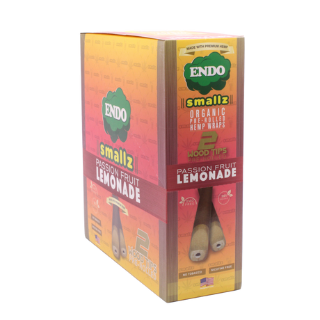 Front view of the Endo Smallz 15-count display box in Passionfruit Lemonade featuring yellow and purple packaging. This retail-ready countertop box contains fifteen separate pouches precisely formatted for high-margin impulse sales.