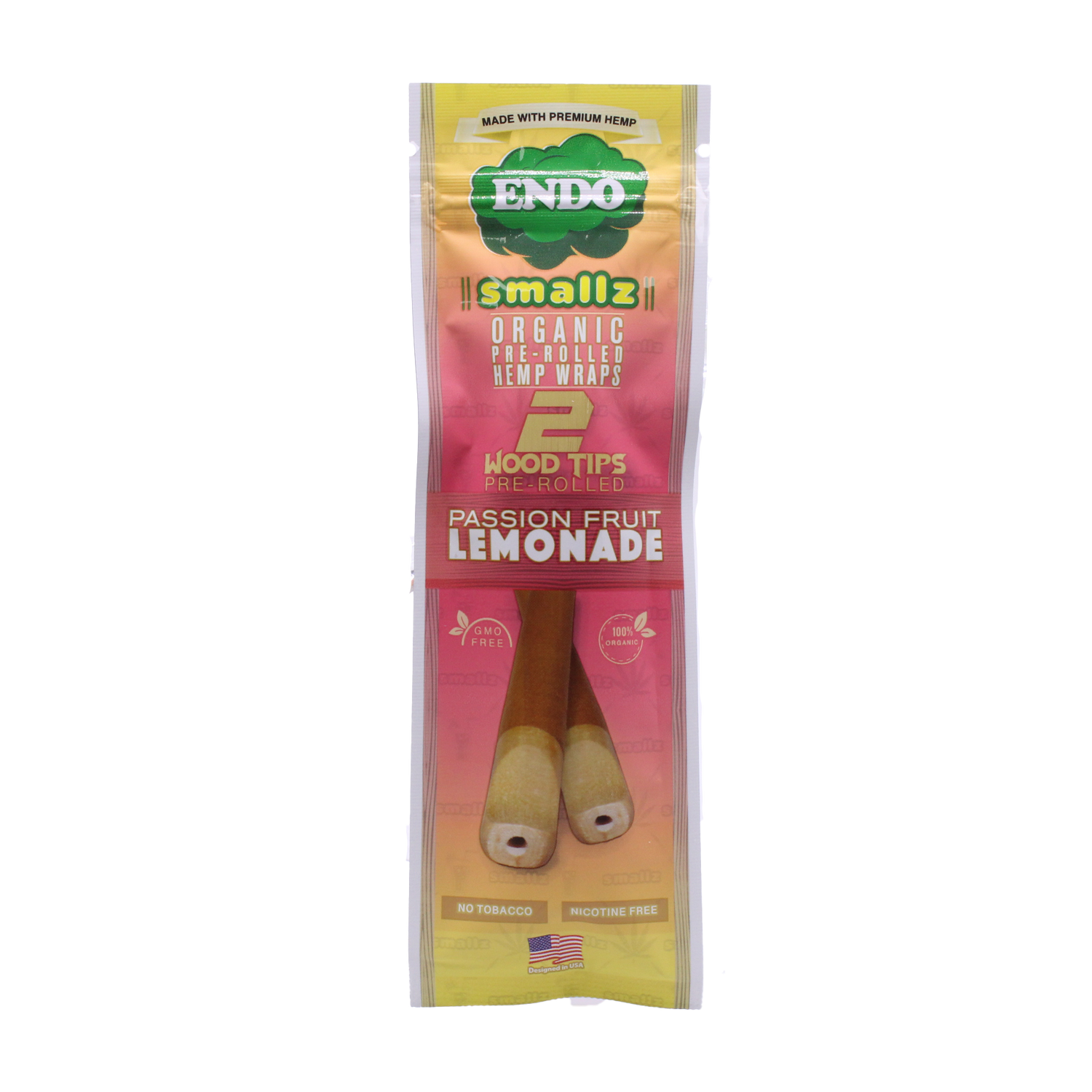 Front view of a single Endo Smallz Passionfruit Lemonade foil pouch in bright yellow and purple. These compact wraps deliver a remarkably steady, slow burn while naturally enhancing the taste profile of botanicals.