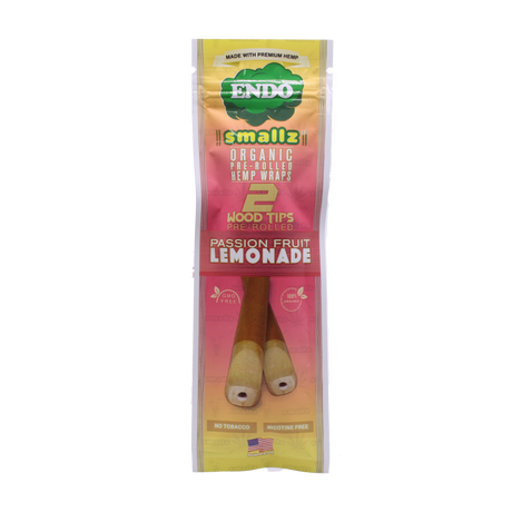Front view of a single Endo Smallz Passionfruit Lemonade foil pouch in bright yellow and purple. These compact wraps deliver a remarkably steady, slow burn while naturally enhancing the taste profile of botanicals.