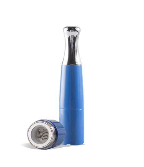 Front angled view of the Exxus Dual Coil Quartz Skillet attachments in blue. This complete 510-threaded tank attachment connects directly to your vaporizer battery to efficiently heat and vaporize thick wax concentrates.